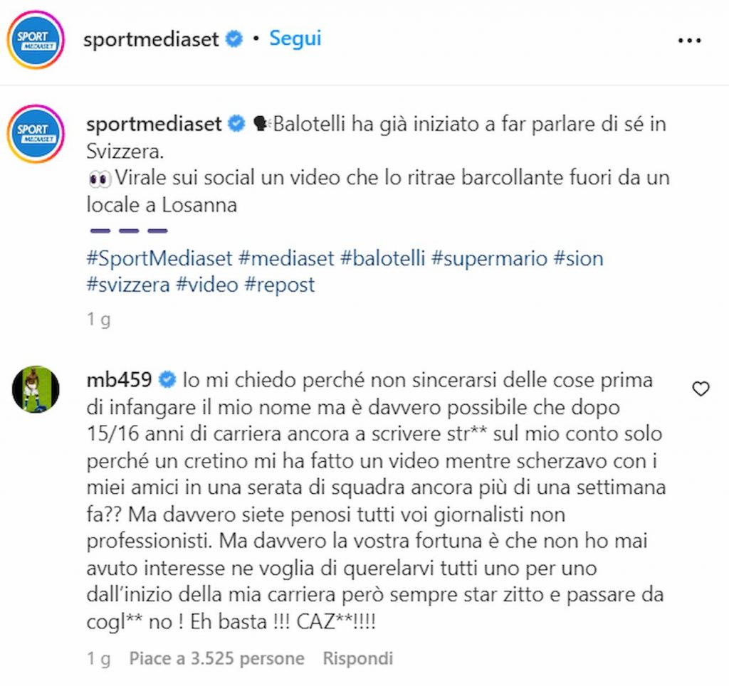 balotelli risponde mediaset