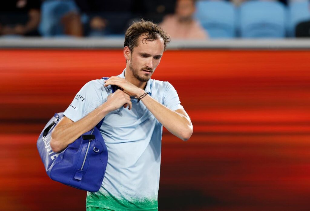 Daniil Medvedev leaves the court during a break in the Men's Singles Second Round