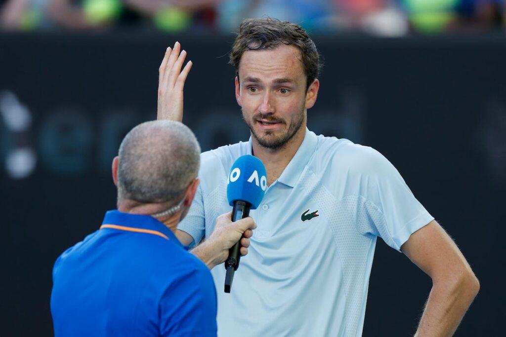 Daniil Medvedev is interviewed after winning against Kasidit Samrej of Thailand